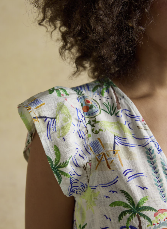 Joules Winnie Coastal Scene Print Frill Shoulder Maxi Dress