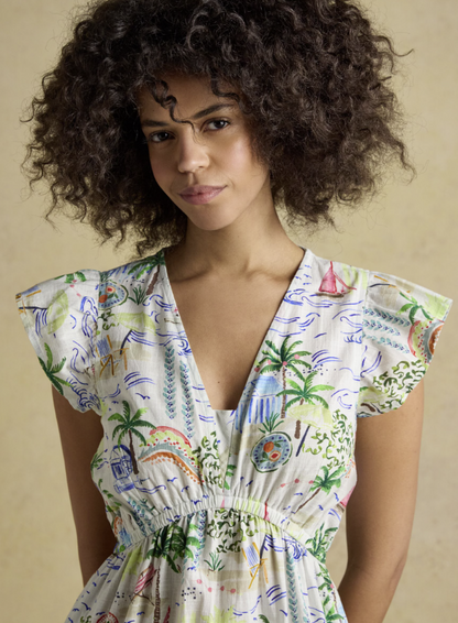 Joules Winnie Coastal Scene Print Frill Shoulder Maxi Dress