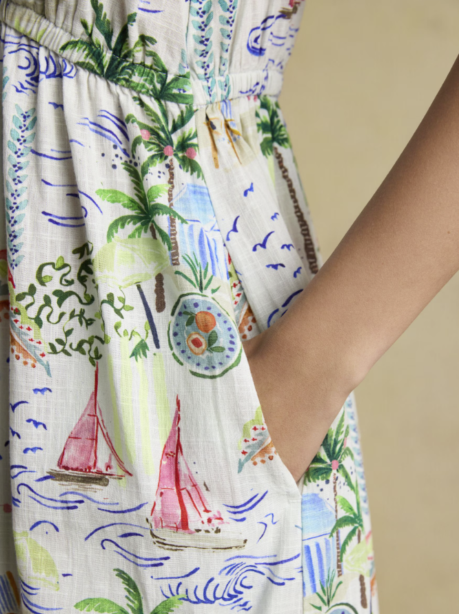 Joules Winnie Coastal Scene Print Frill Shoulder Maxi Dress