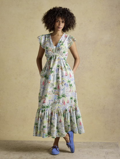 Joules Winnie Coastal Scene Print Frill Shoulder Maxi Dress