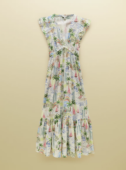Joules Winnie Coastal Scene Print Frill Shoulder Maxi Dress