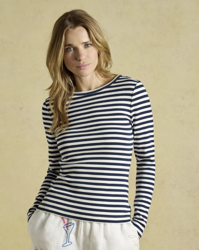 Joules Striped Long Sleeve Ribbed Fitted T-Shirt Navy