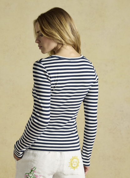 Joules Striped Long Sleeve Ribbed Fitted T-Shirt Navy