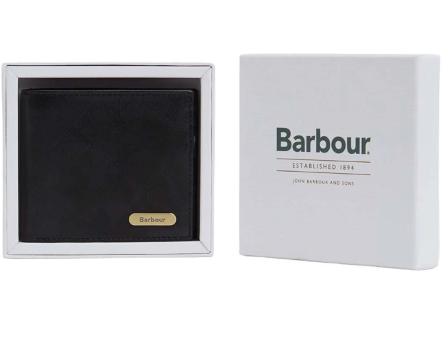 Barbour Brunton Leather Wallet Black Deboss Tartan