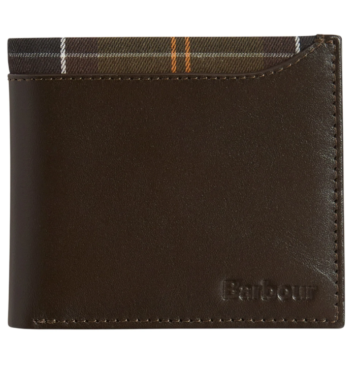 Barbour Brodick Leather / Tartan Billfold Wallet Brown