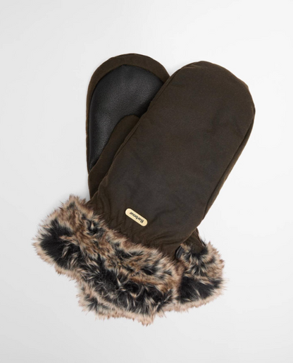 Barbour Waxed Faux-Fur Trim Mittens Olive