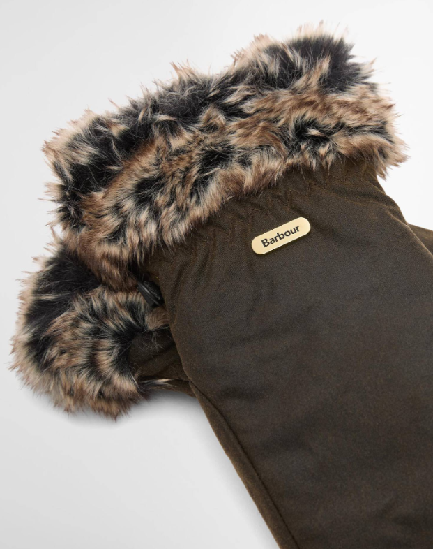 Barbour Waxed Faux-Fur Trim Mittens Olive