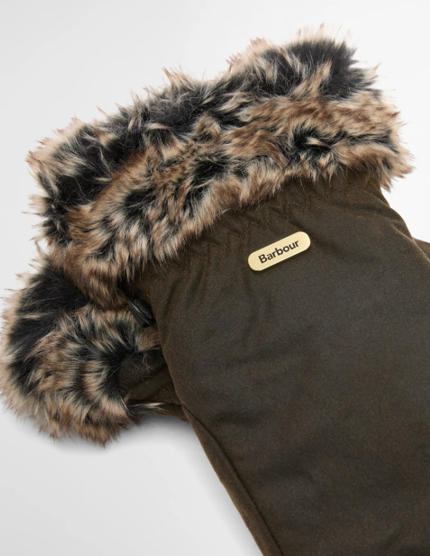 Barbour Waxed Faux-Fur Trim Mittens Olive