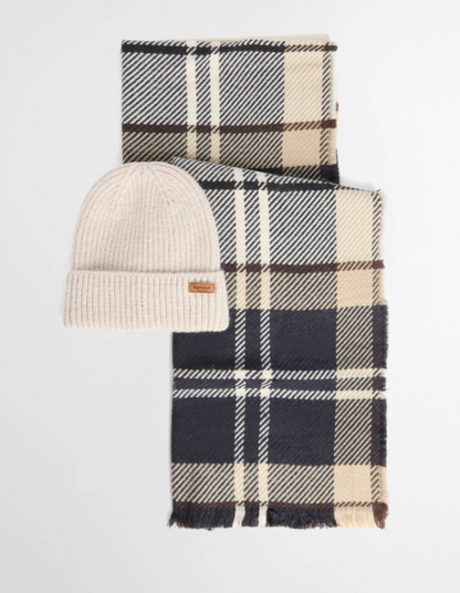 Barbour Pendle Beanie & Blair Scarf Gift Set Light Birchwood Tartan