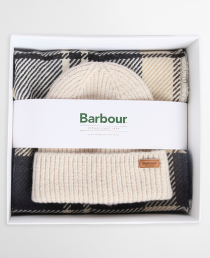 Barbour Pendle Beanie & Blair Scarf Gift Set Light Birchwood Tartan