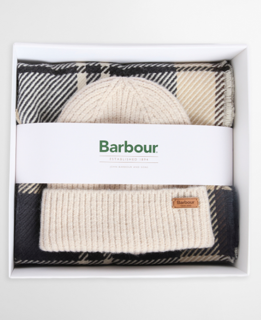 Barbour Pendle Beanie & Blair Scarf Gift Set Light Birchwood Tartan