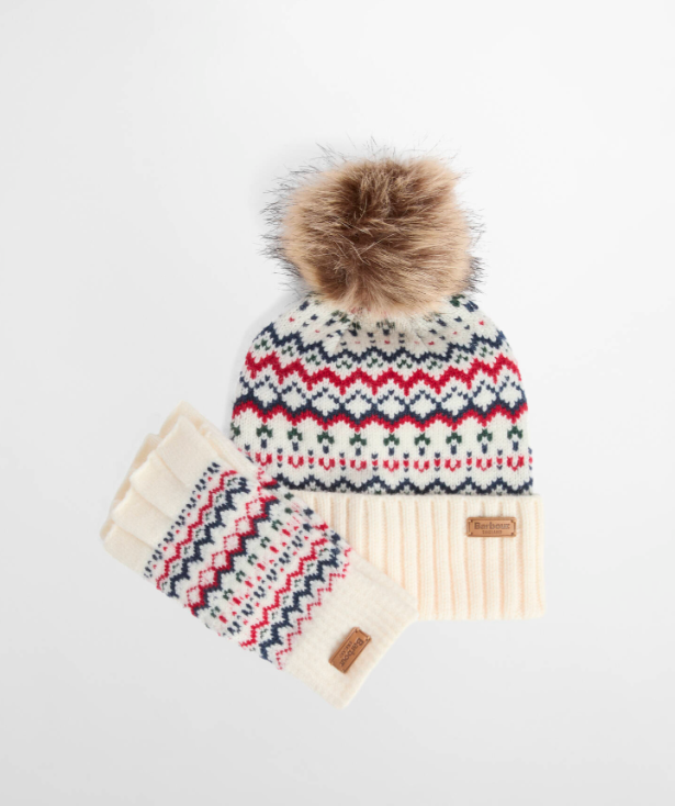 Barbour Holly Beanie & Gloves Gift Set Antique White