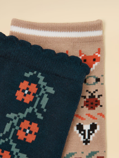 Joules Everyday 2 Pack Socks Oat Woodland