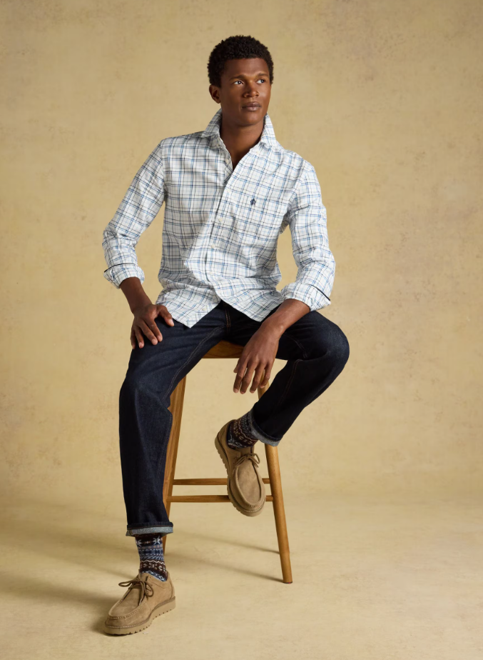 Joules Oxford Check Classic Fit Cotton Oxford Shirt White & Blue