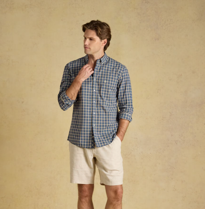 Joules Poplin Long Sleeve Check Shirt Blue