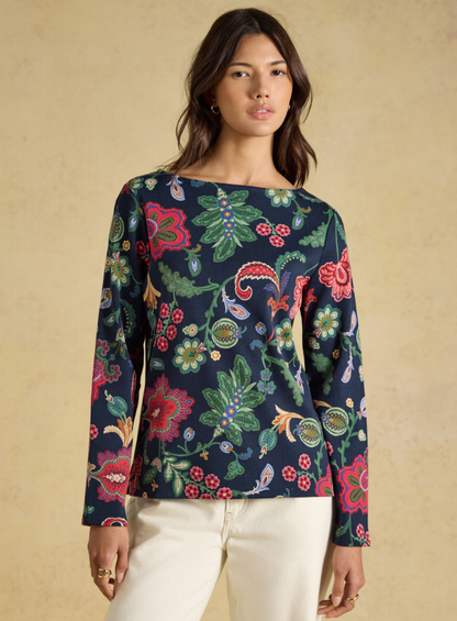 Joules Harbour Floral Printed Boat Neck Top Navy