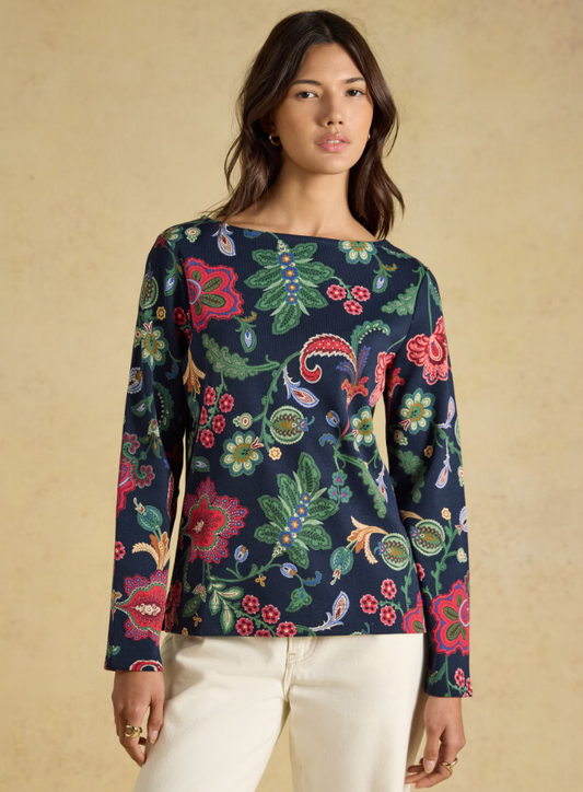 Joules Harbour Floral Printed Boat Neck Top Navy
