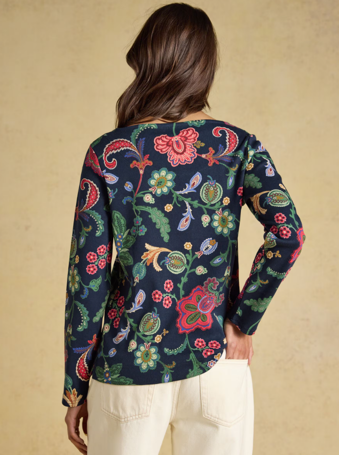 Joules Harbour Floral Printed Boat Neck Top Navy