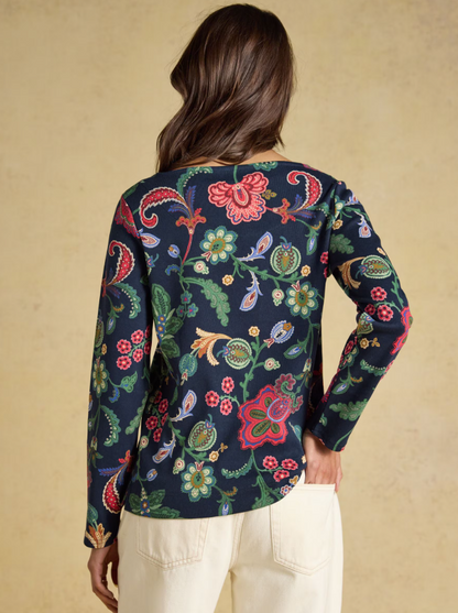 Joules Harbour Floral Printed Boat Neck Top Navy