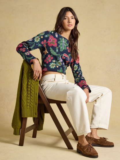 Joules Harbour Floral Printed Boat Neck Top Navy