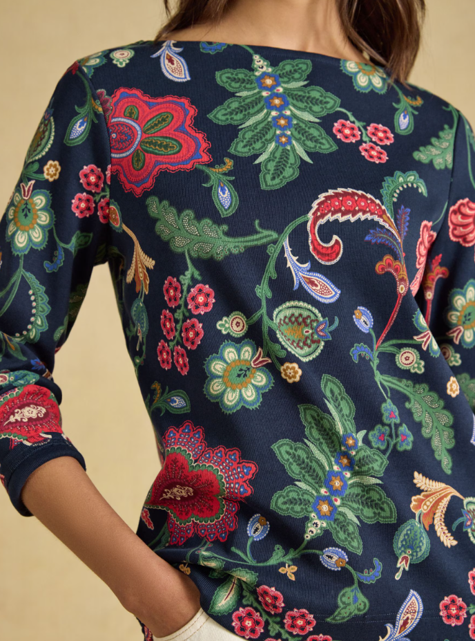Joules Harbour Floral Printed Boat Neck Top Navy
