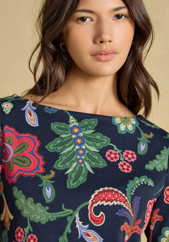 Joules Harbour Floral Printed Boat Neck Top Navy