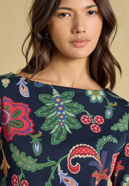 Joules Harbour Floral Printed Boat Neck Top Navy