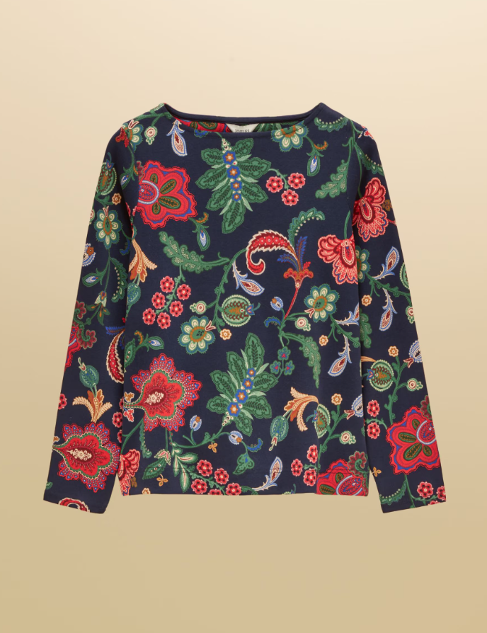 Joules Harbour Floral Printed Boat Neck Top Navy
