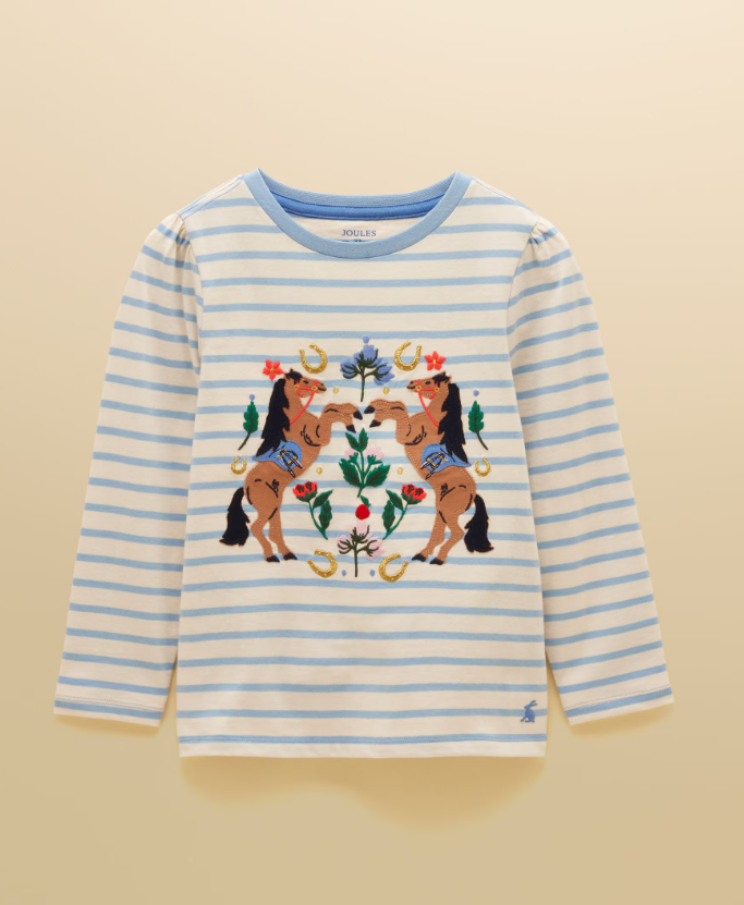 Joules Ava Horse Motif Applique Long Sleeve Top Blue Stripe