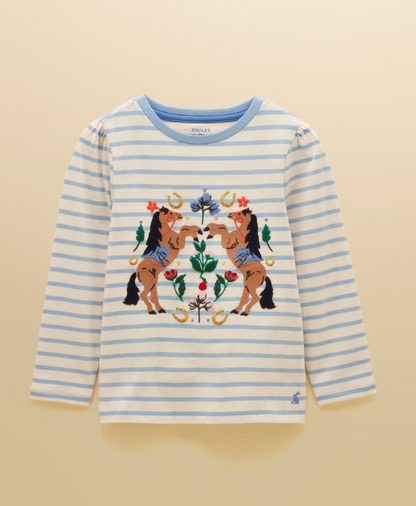 Joules Ava Horse Motif Applique Long Sleeve Top Blue Stripe
