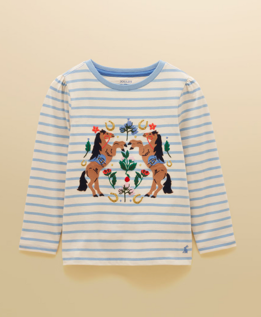 Joules Ava Horse Motif Applique Long Sleeve Top Blue Stripe