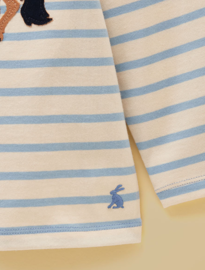 Joules Ava Horse Motif Applique Long Sleeve Top Blue Stripe