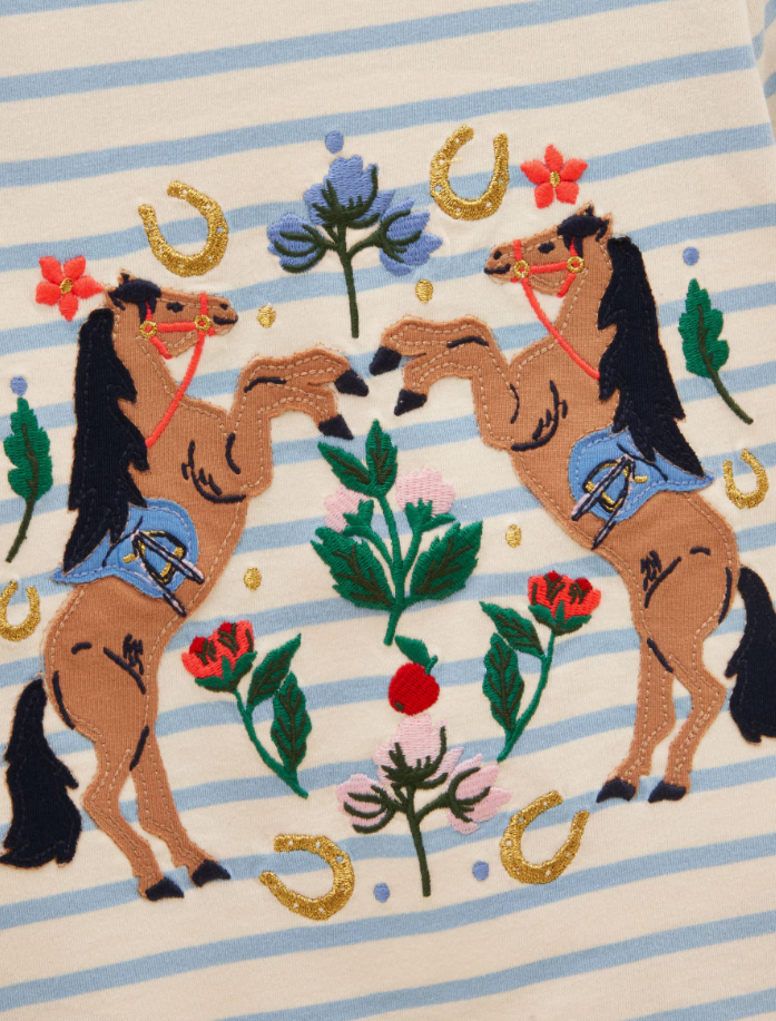 Joules Ava Horse Motif Applique Long Sleeve Top Blue Stripe