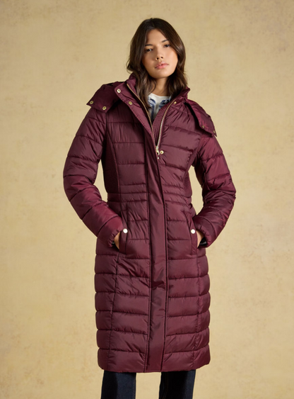 Joules Windborough Showerproof Longline Padded Coat Burgundy Red