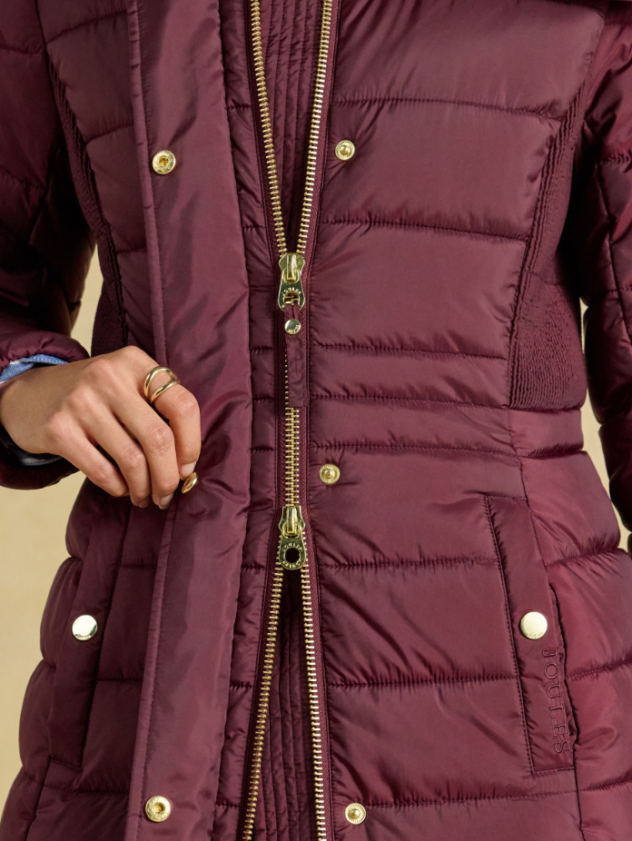 Joules Windborough Showerproof Longline Padded Coat Burgundy Red