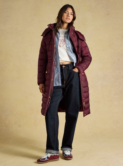Joules Windborough Showerproof Longline Padded Coat Burgundy Red