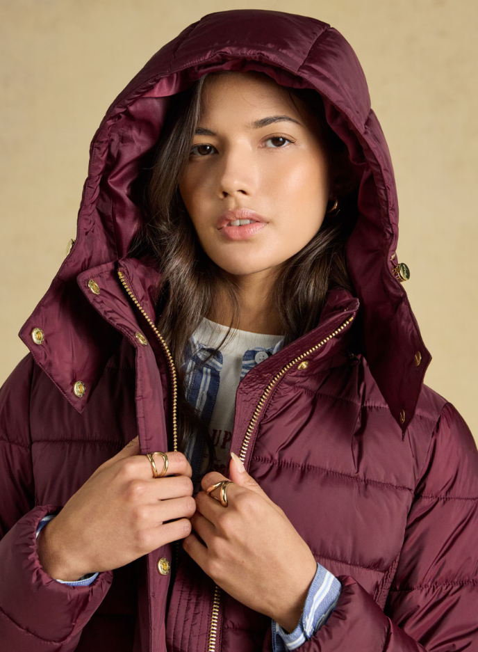 Joules Windborough Showerproof Longline Padded Coat Burgundy Red