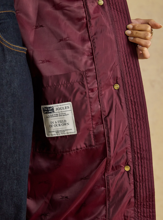 Joules Windborough Showerproof Longline Padded Coat Burgundy Red