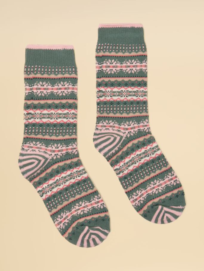 Joules Lucille Fair Isle Socks Khaki Green