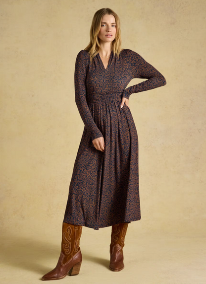 Joules Mina Floral Jersey Ruched Waist Midi Dress