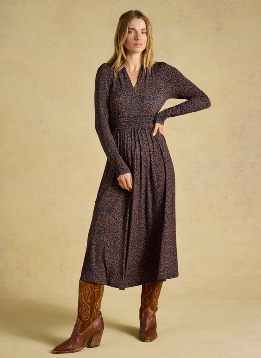 Joules Mina Floral Jersey Ruched Waist Midi Dress