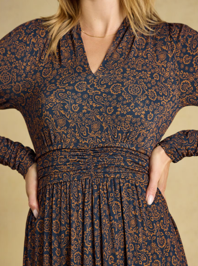 Joules Mina Floral Jersey Ruched Waist Midi Dress