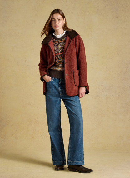 Joules Sadie Longline Button Through Fleece Jacket Burnt Orange