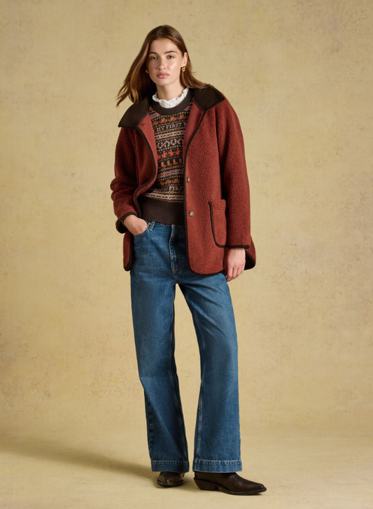 Joules Sadie Longline Button Through Fleece Jacket Burnt Orange