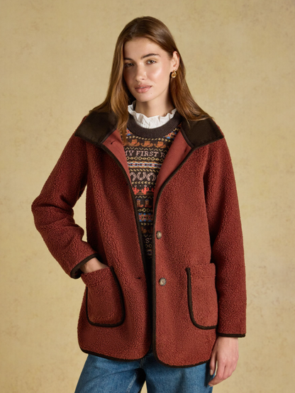 Joules Sadie Longline Button Through Fleece Jacket Burnt Orange