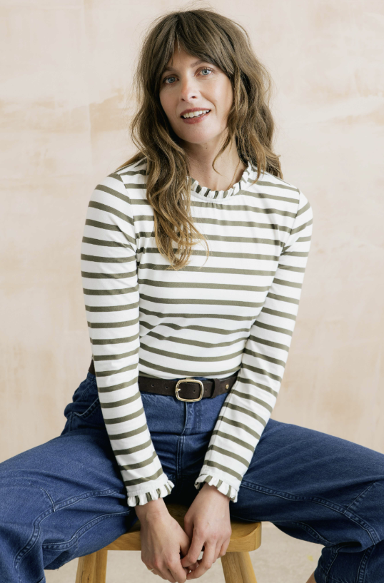 Lily & Me Marnie Striped Frill Neck Top Olive / Ecru