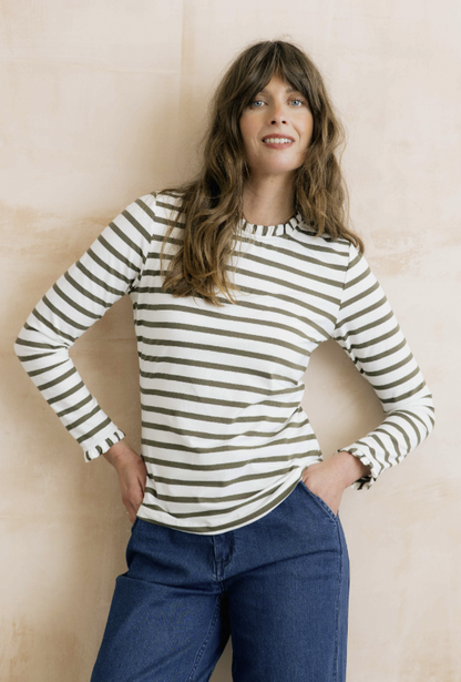 Lily & Me Marnie Striped Frill Neck Top Olive / Ecru