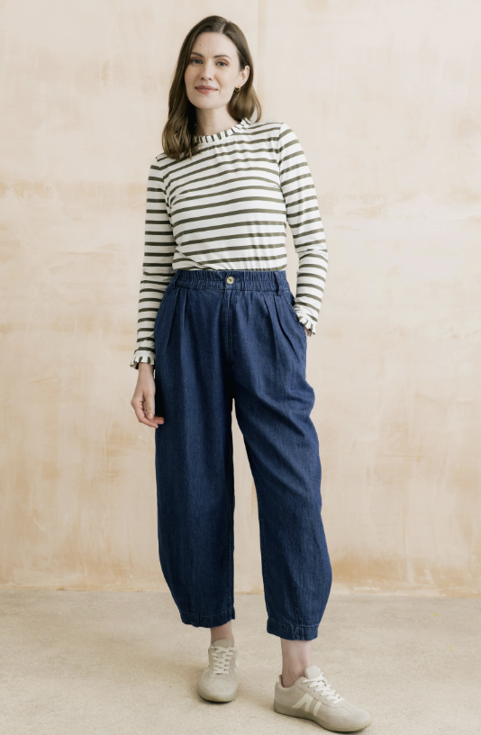 Lily & Me Marnie Striped Frill Neck Top Olive / Ecru