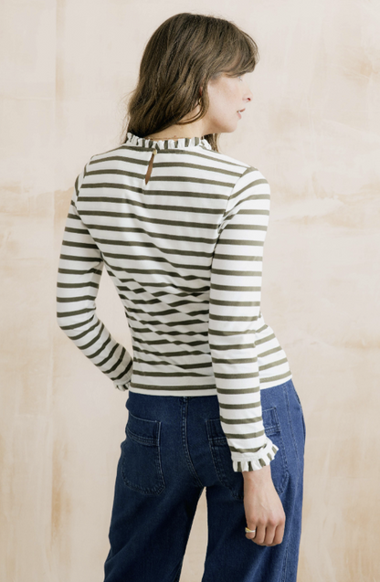 Lily & Me Marnie Striped Frill Neck Top Olive / Ecru