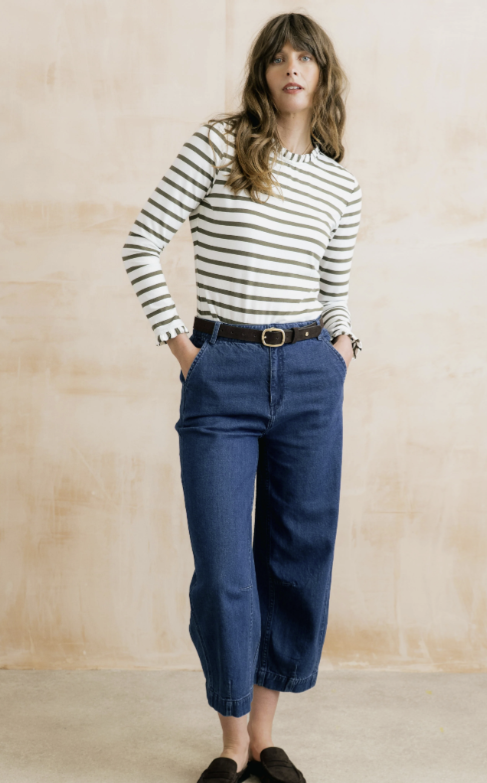 Lily & Me Marnie Striped Frill Neck Top Olive / Ecru